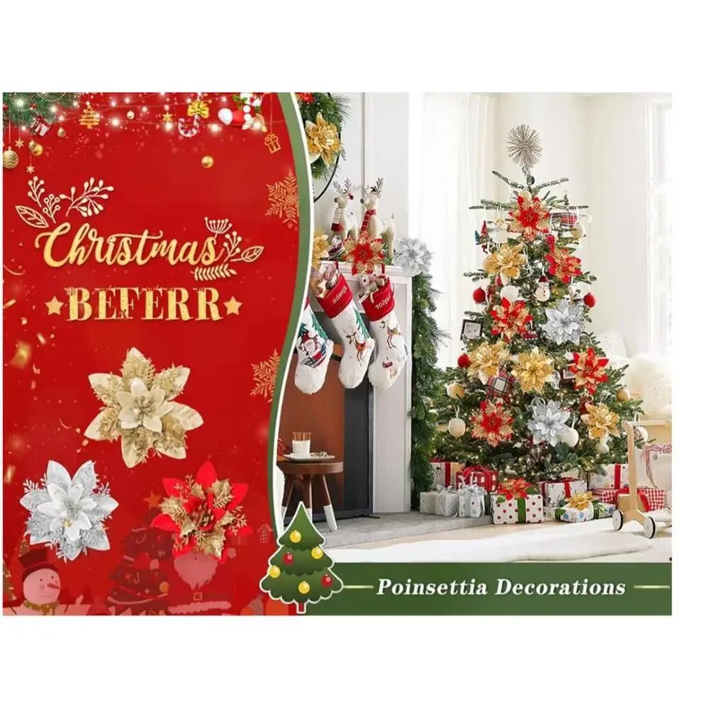 Beferr Artificial Poinsettia Christmas Tree Decorations 3 sets 54-Pieces Total
